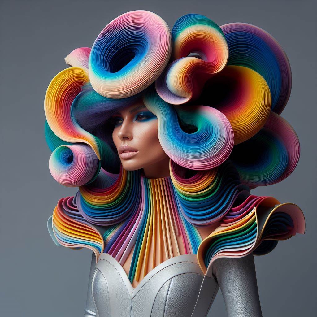 Picture of a creatively styles wig with rainbow colors and curls
