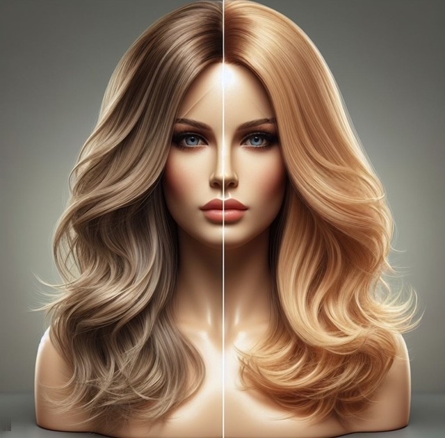 Wig coloring services. Picture of a woman wearing a wig that has been re-colored.
