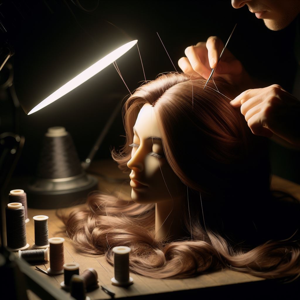 Wig modification services.  Picture of a wig maker modifying a wig.
